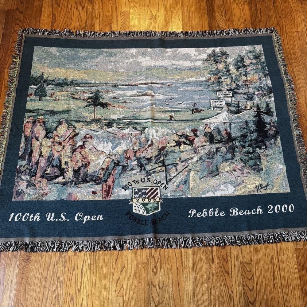 Vintage Golf Blanket 100th US OPEN Pebble Beach Tapestry Throw Tiger Woods 2000
